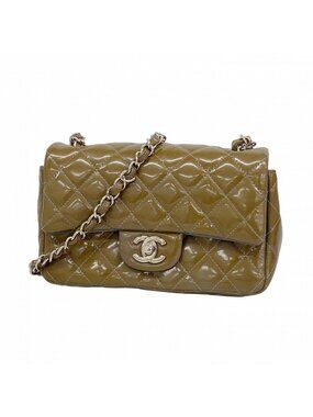 Chanel Shoulder Bag Mini Quilted Patent Leather Khaki Silver